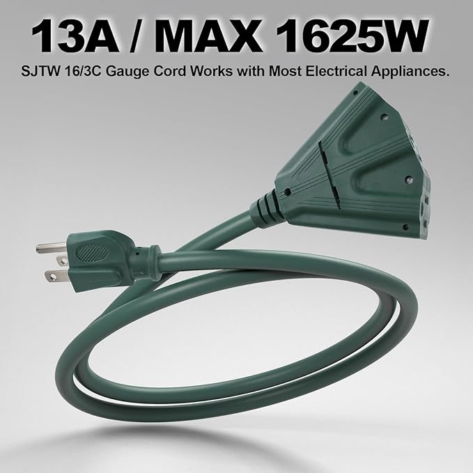 EP 2 Pack 6 Ft Outdoor Extension Cord with 3 Electrical Power Outlets - 16/3 SJTW Green Cable with 3 Prong Grounded Plug for Safety Great for Christmas Lights, Garden and Major Appliances