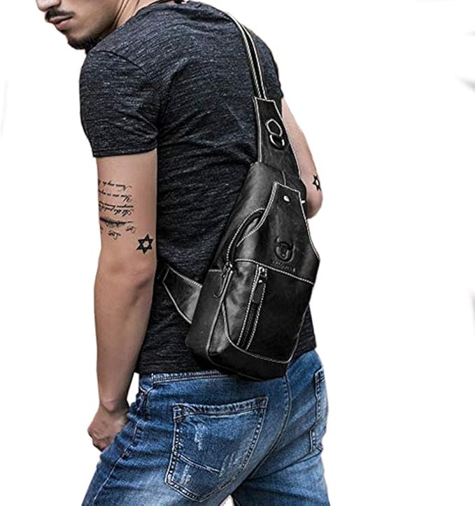 Hebetag Leather Sling Bag Backpack for Men Women Travel Outdoor Camping Crossbody Shoulder Chest Day Pack Hiking Walking Backpacks Black