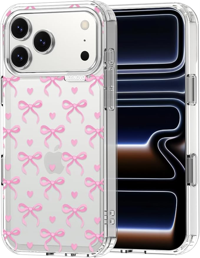 MOSNOVO for iPhone 17 Pro Max Case | Military Grade 6.6ft Drop Tested | Camera Control | Clear with Bowtiful Love Design
