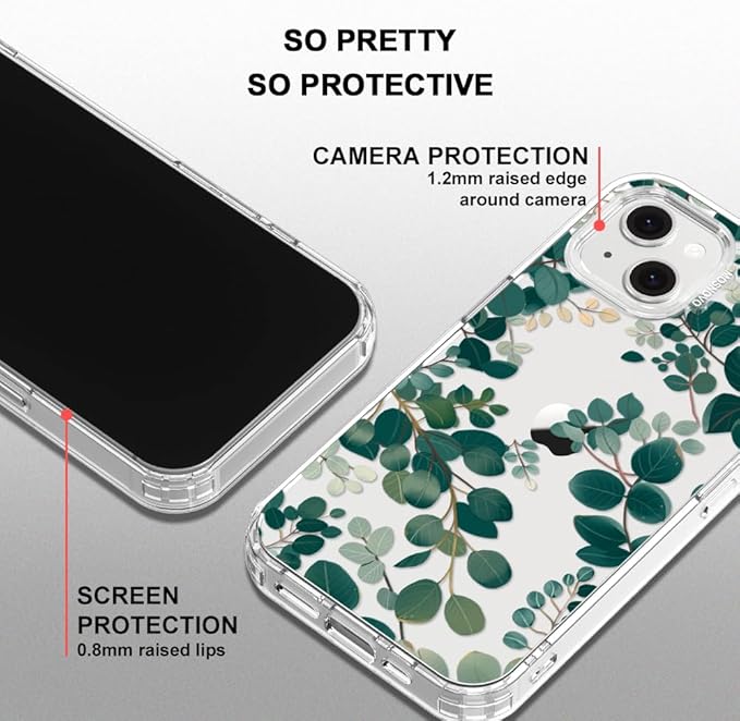 MOSNOVO for iPhone 13/14 Case | Military Grade 6.6ft Drop Tested | Clear with Eucalyptus Design