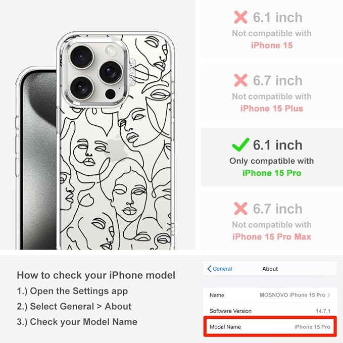 MOSNOVO Case for iPhone 15 Pro, [Buffertech 6.6ft Military-Grade Drop Protection] [Anti Peel Off Tech] Clear TPU Bumper Phone Case Cover Design - Abstract Face Line Art