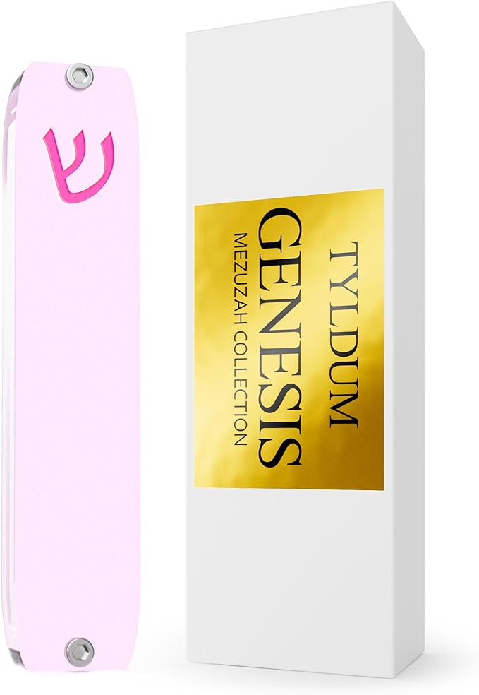 Genesis Mezuzah for Door – Modern Acrylic Mezuzah Case Without Kosher Scroll – Handmade in Canada Judaica Gift, Weatherproof, Jewish Artisan Design, Clear Case (Small, Baby Pink)