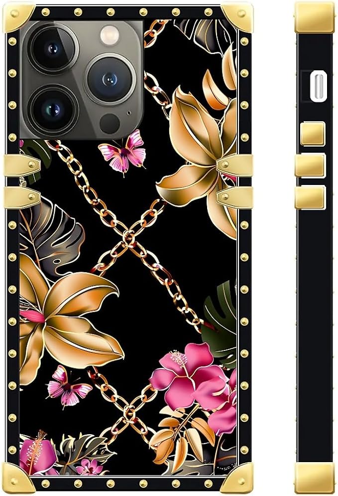 Compatible with iPhone 13 Pro Max Case, Pink Golden Chain Tropical Flower Luxury Golden Decoration for Girl Women Soft TPU Shockproof Protective Hard PC Back for iPhone 13 Pro Max