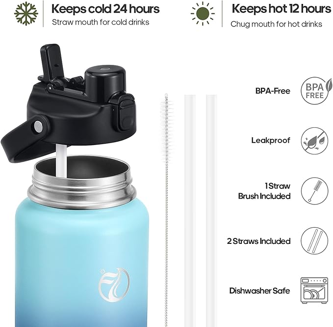 64oz Half Gallon Insulated Water Bottle with 2-in-1 Lid (Chug & Straw), Double Walled Vacuum Stainless Steel Water Bottles, Wide Mouth Leakproof Insulated Jug with Straw