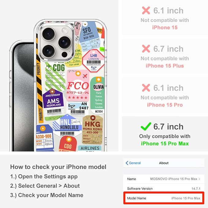 MOSNOVO Case for iPhone 15 Pro Max, [Buffertech 6.6ft Military-Grade Drop Protection] [Anti Peel Off Tech] Clear TPU Bumper Phone Case Cover Design - Air Ticket Labels