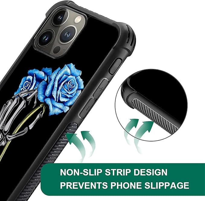 for iPhone 16 Pro Case, Skeleton Holding Blue Rose Pattern Graphic Design Girl Boy Soft Silicone Hard Acrylic Shock Protection for iPhone 16 Pro