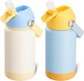 Kerilyn 12oz Water Bottle 2 Pack, Stainless Steel Insulated Water Bottle Bulk with Straws Leak-Proof,BPA Free, 2 Piece Set Cream & Blue