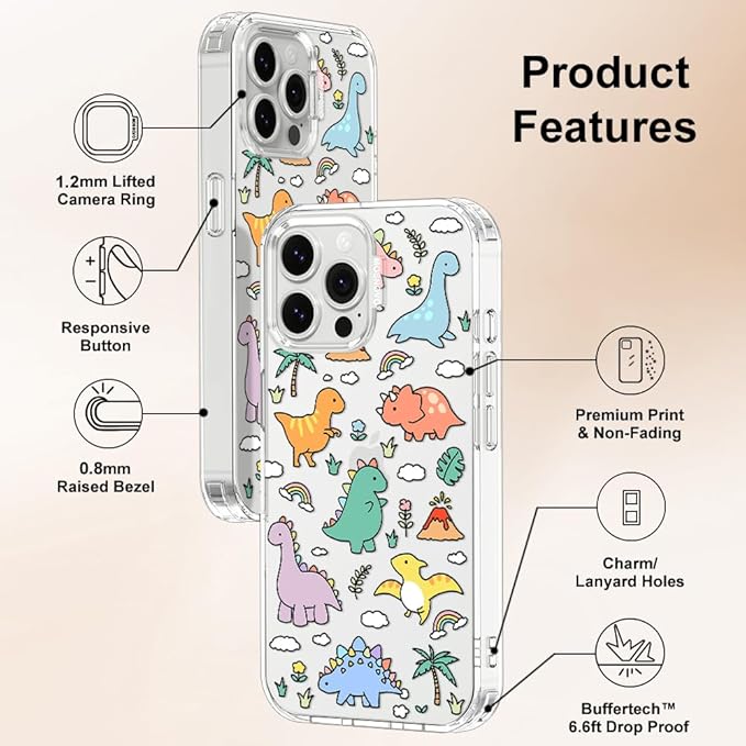 MOSNOVO Case for iPhone 13 Pro Max, [Buffertech 6.6ft Military-Grade Drop Protection] [Anti Peel Off Tech] Clear TPU Bumper Phone Case Cover Design - Dinosaur Land