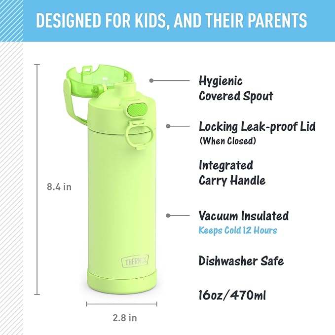 THERMOS FUNTAINER 16 Ounce Stainless Steel Vacuum Insulated Bottle with Wide Spout Lid, Neon Lime