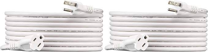 Amazon Basics Indoor Extension Cord, 3 Prong Outlet Extender Power Cord, 13 Amps, 125V, 15 Foot, White, 2-Pack