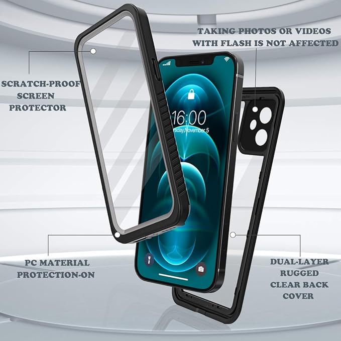 Diverbox for iPhone 12 Waterproof Case,Waterproof Shockproof Dustproof IP68 Full-Body Hard Case Built-in Screen Protector Underwater Outdoor Waterproof Cover for iPhone 12,6.1 in (Clear)