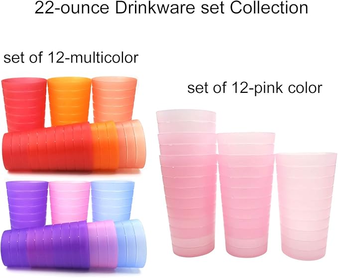 KX-WARE Mixed Drinkware 22-ounce Plastic Tumblers/Drinking Glasses/Party Cups/Iced Tea Glasses, Set of 12 Pink | Unbreakable, Dishwasher Safe, BPA Free