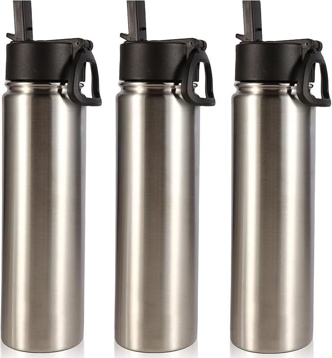 Volhoply 24oz Insulated Water Bottle With Straw Bulk 3 Pack,Metal Wide Mouth Water Bottles With Handle Lid Keep Cold,Reusable Double Wall Cups,Powder Coated Sport Bottle For Holder(Silver,3 Count)