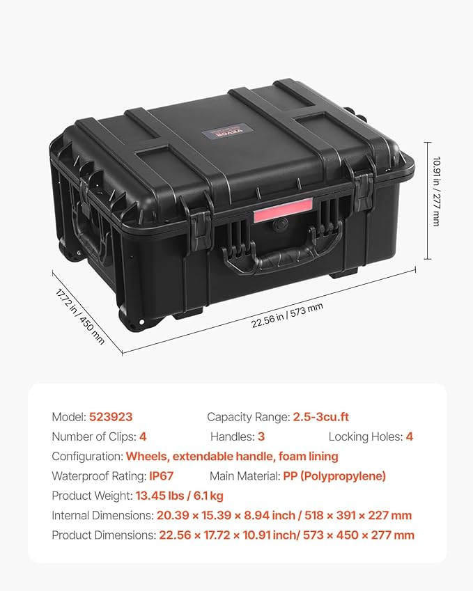 VEVOR Weatherproof Hard Case, Heavy Duty Protective Dry Box with Pre-Cut Foam, Wheels & Retractable Pull Handles for Travel, Hunt, Military, Tactical, IP67 Waterproof Case for Cameras(57x45x28)