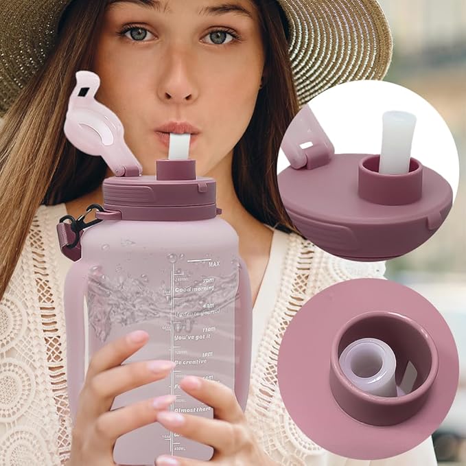 64oz Foldable Silicone Water Bottle with Straw, BPA-Free Motivational Time Marker, Leakproof Collapsible Water Jug with Handle for Gym, Sports, Camping & Outdoor Activities (Pink)