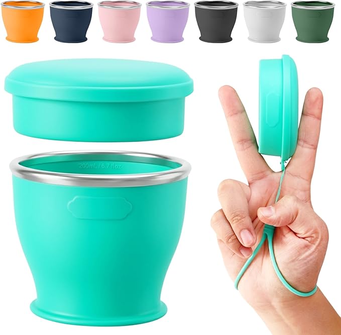 Collapsible Travel Cup, BPA-Free Reusable Water Cup, Lightweight Drinking Cups with Lids and Carrying Strap, Dishwasher Safe Silicone Cups for Camping, Travel, Airports, Hotel (Turquoise)