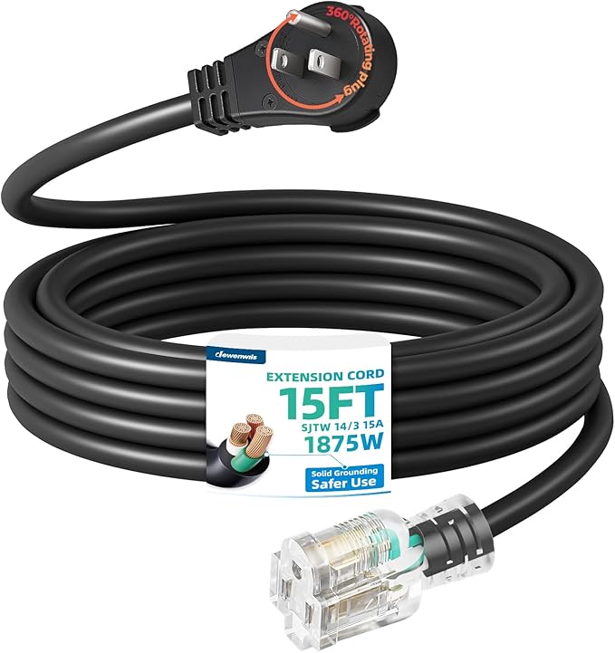 DEWENWILS 360° Rotating Flat Plug Extension Cord, 15FT Black Extension Cord, 3 Prong 14/3 Gauge Grounded Power Cord, Lighted Outlet, 125V/15A/1875W, STJW for Outdoor/Indoor, ETL Listed