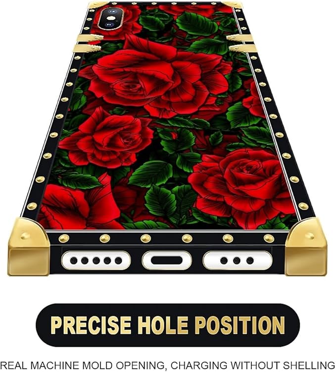 Compatible with iPhone XR Case, Vector Red Rose Green Leaf Luxury Golden Decoration for Girl Women Soft TPU Shockproof Protective Hard PC Back for iPhone XR