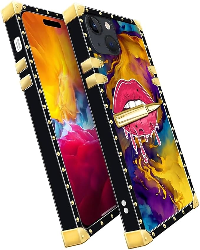 Compatible with iPhone 15 Case, Cool Corlorful Lip Marble Luxury Golden Decoration for Girl Women Soft TPU Shockproof Protective Hard PC Back for iPhone 15