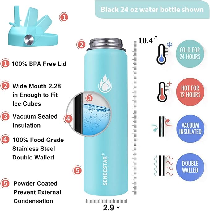 SENDESTAR Stainless Steel Wide Mouth Water Bottle 24oz Double Wall Vacuum Insulated Leak Proof Bottle with New Flex Straw Lid & Spout Lid