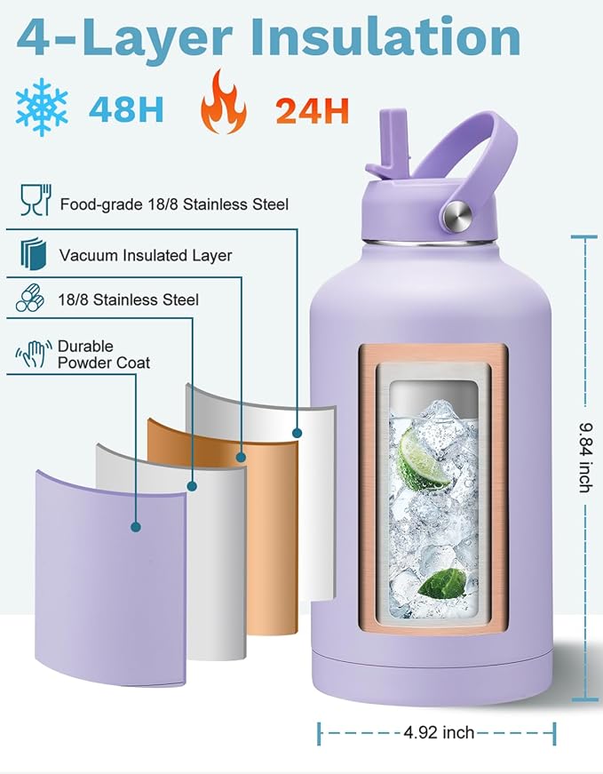 BENZZO Insulated Gallon Water Bottle with Straw Auto Spout Lid Cold 48h, 64/128 oz Water Jug With Carrying Pouch, Paracord Handle & Silicone Boot