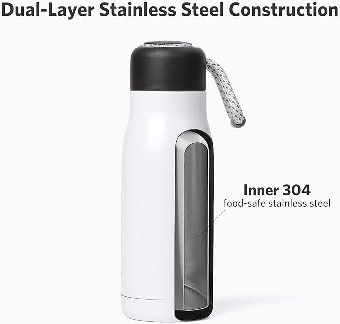 Small Water Bottle 12 oz, Dusgut Insulated Water Bottle, Stainless Steel, Wide Mouth Portable Lid, Ice White