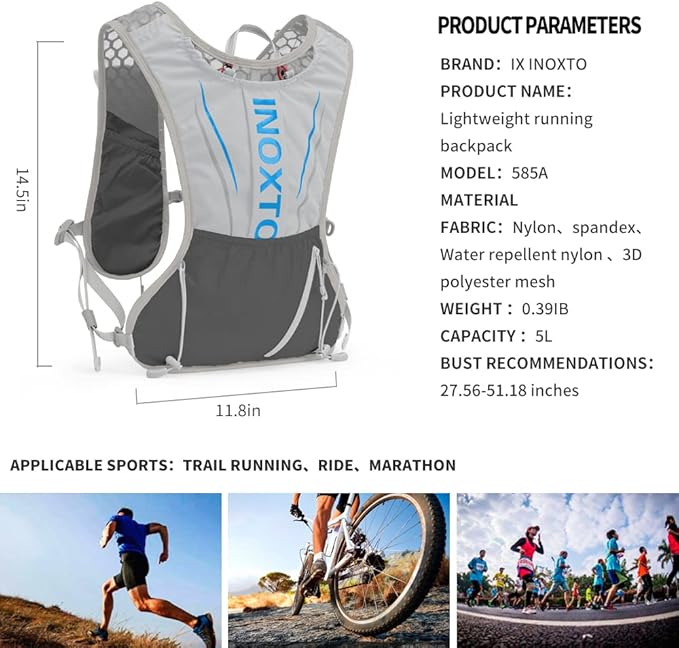 IX INOXTO Running Hydration Vest for Men Women Water Backpack for Running 3L Running Hydration Pack for Trail Running Marathon Race Hiking