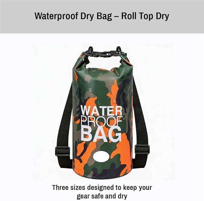Waterproof Backpack Roll Top Dry Bag Set of 3 (2L 5L 10L) – PVC Dry Bags Waterproof for Kayaking, Camping, Beach & Travel – Floating Outdoor Dry Sack (Camouflage Orange, Dark Blue, Green)