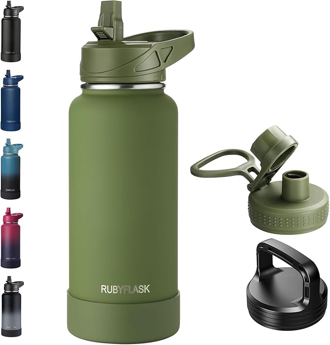 RUBYFLASK 32oz Insulated Water Bottle with Straw, Stainless Steel Metal Vacuum Water Flask, Large Thermal Water bottle with Leakproof 3 Lids for Travel, Camping, Gym Sports Armygreen