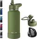 RUBYFLASK 32oz Insulated Water Bottle with Straw, Stainless Steel Metal Vacuum Water Flask, Large Thermal Water bottle with Leakproof 3 Lids for Travel, Camping, Gym Sports Armygreen