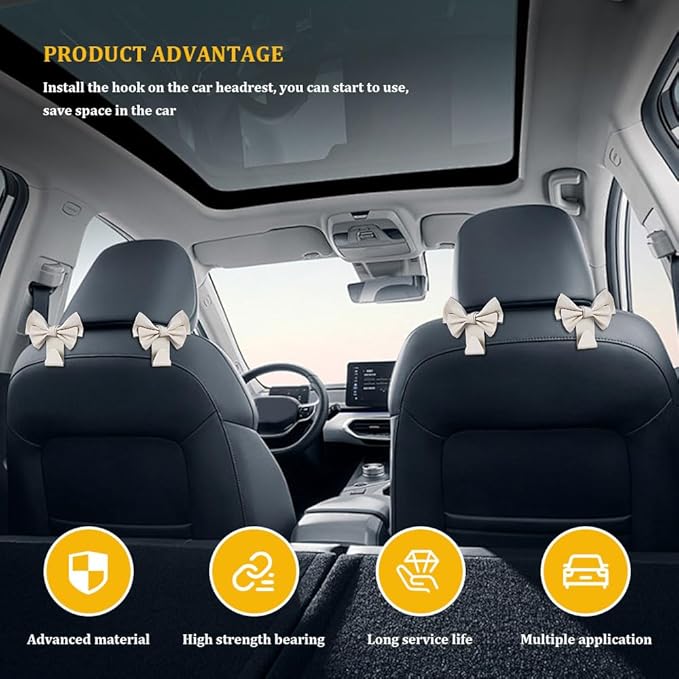 2PCS Car Hooks for Purses and Bags, Cute Bow Car Seat Headrest Hook, Car Accessories Multipurpose Back Seat Hanger Storage Organize Universal for Vehicles (2PCS-White Bowknot)