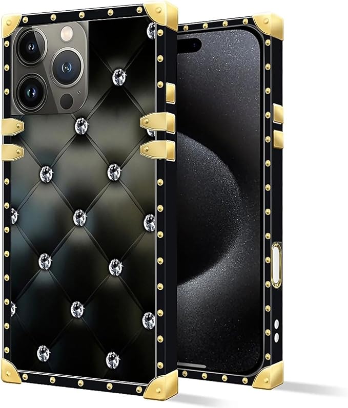 Compatible with iPhone 16 Pro Case, Shiny Black Sofa Crystal Luxury Golden Decoration for Girl Women Soft TPU Shockproof Protective Hard PC Back
