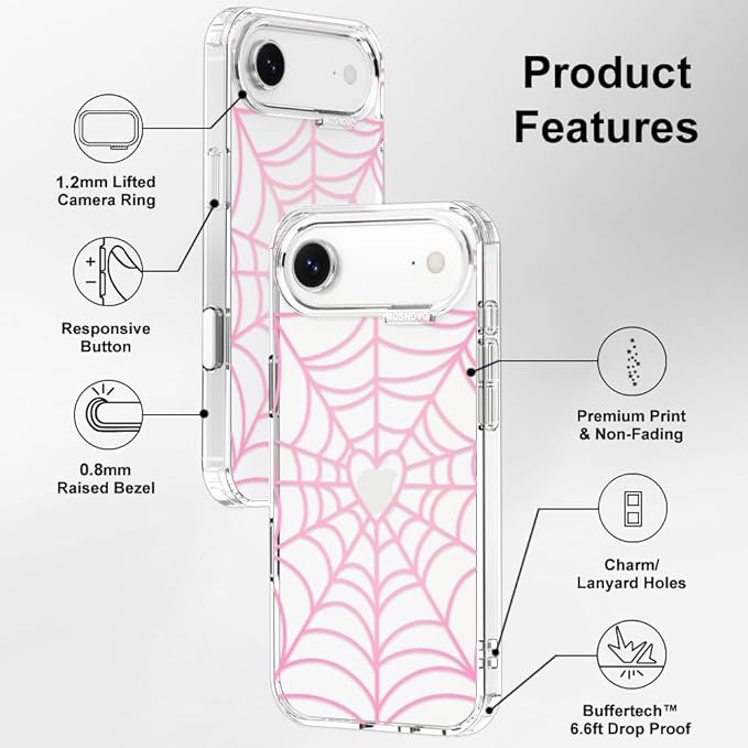 MOSNOVO for iPhone Air Case, Shockproof Military-Grade Protection 6.6ft Drop Tested, Camera Control, Clear Phone Case for iPhone 17 Air, Pink Spiderweb Design