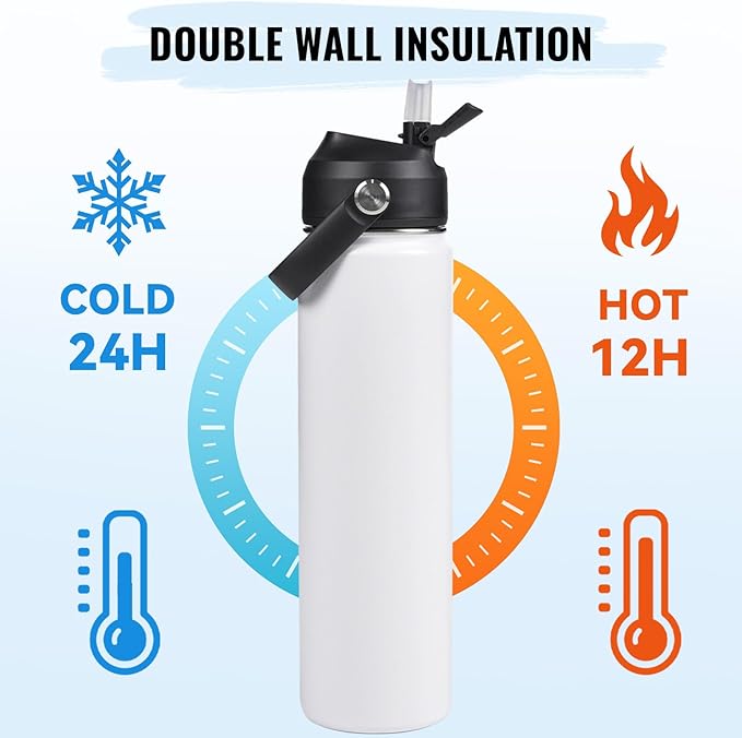 Fijinhom 24oz Insulated Stainless Steel Water Bottle, Wide Mouth Double Wall Vacuum, Silicone Straw, Sweat & Leak Proof, BPA Free Insulated Water Flask for Travel, Keep Cold 24h Hot 12h, White