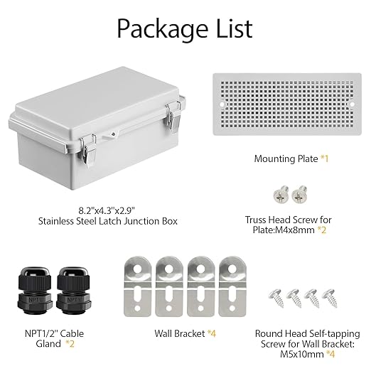 LeMotech Electrical Box, IP67 Waterproof Hinged Cover Stainless Steel Latch Junction Box, ABS Plastic Electrical Enclosure with Mounting Plate,Wall Brackets, Cable Glands,8.2"x4.2"x2.9",Grey