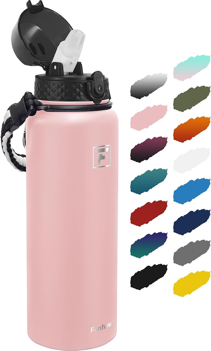 Fanhaw 40 oz Insulated Stainless Steel Water Bottle with Straw Lid, Leakproof Extra-Large Sports Bottle for Men & Women (Pink)