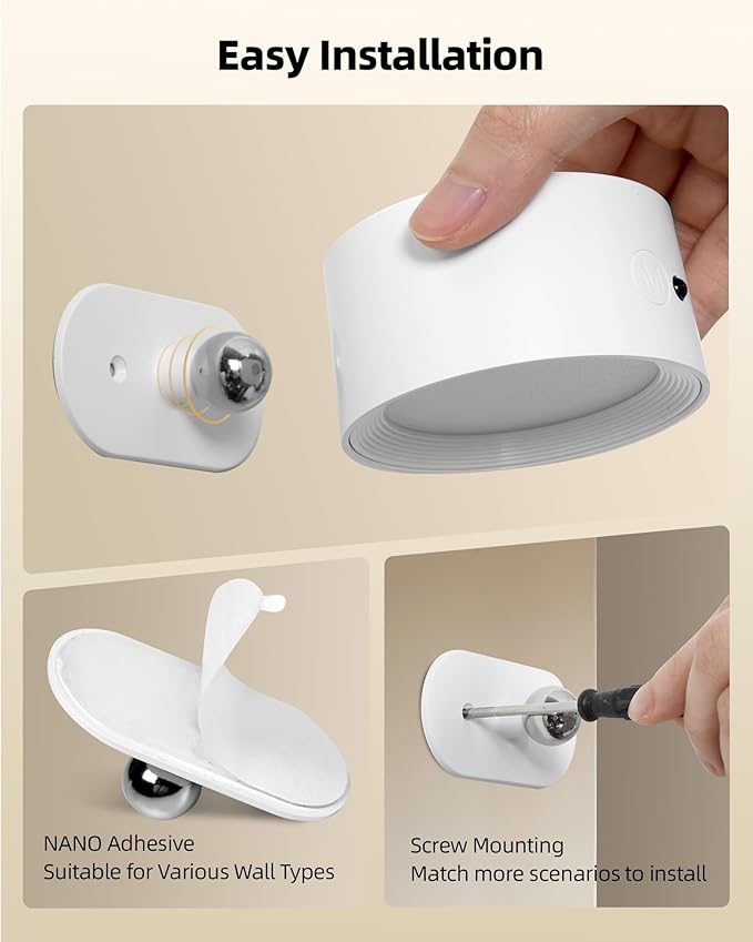 LED Wall Mounted Lights, Rechargeable Wall Sconces Lamp, 3 Color Temps & Remote and Touch, 360° Rotation Dimmable Cordless Wall Light for Study Bedroom Reading Bedside(White, 1 Pack)