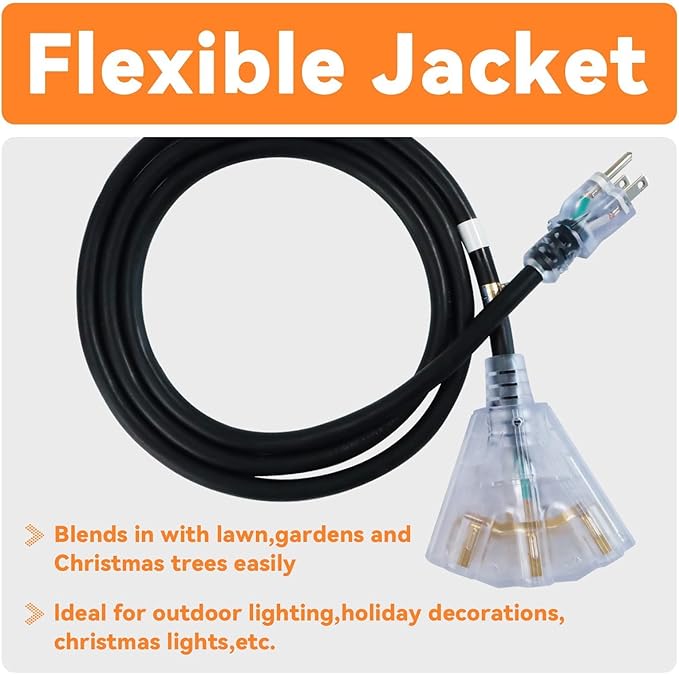 EP 12 Ft 12 Gauge Heavy Duty Extension Cord, 15A 125V 1875W, 3 Outlet Indoor/Outdoor Power Cord with Lighted End, 12/3 SJTW Weatherproof Black