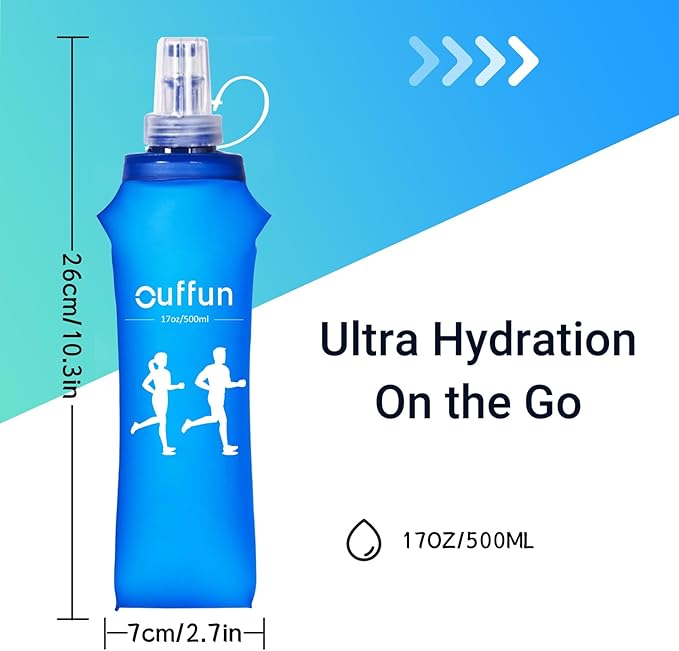 2 Pack Soft Water Bottle, TPU Collapsible Flask Foldable Bottles for Hydration Pack, BPA-Free, Running Lightweight Water Bottle for Outdoor Sports like Hiking Cycling Climbing Running (17OZ/500ml)