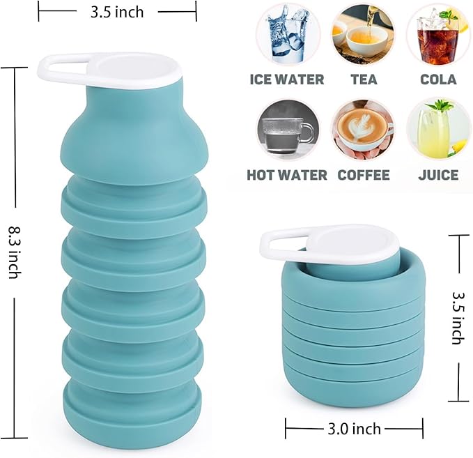 Collapsible Silicone Water Bottle – Foldable Travel Water Bottle Leakproof, BPA Free, Portable & Space-Saving – Perfect for Gym, Hiking,Travel(carabiner and cleaning brush),Light green