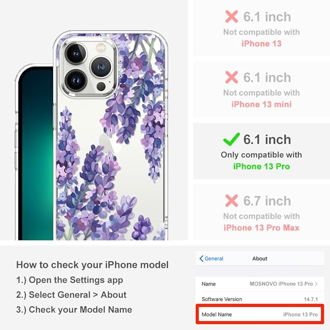 MOSNOVO Case for iPhone 13 Pro, [Buffertech 6.6ft Military-Grade Drop Protection] [Anti Peel Off Tech] Clear TPU Bumper Phone Case Cover Design - Lavender