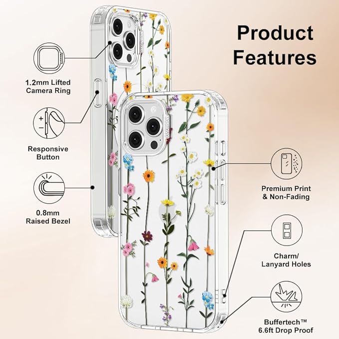 MOSNOVO Case for iPhone 12 & iPhone 12 Pro, [Buffertech 6.6ft Military-Grade Drop Protection] [Anti Peel Off Tech] Clear TPU Bumper Phone Case Cover Design - Wildflowers