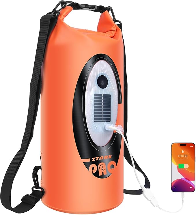 FELICON Solar/Battery Powered Multi-Functional Backpack with Bluetooth Speaker,IP66 Waterproof Dry Bag,Heavy Duty Roll Top Closure,Large Capacity Bag for Camping,Hiking,Traveling (Orange 20L)