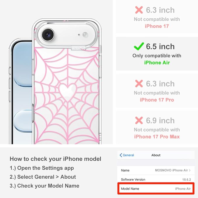 MOSNOVO for iPhone Air Case, Shockproof Military-Grade Protection 6.6ft Drop Tested, Camera Control, Clear Phone Case for iPhone 17 Air, Pink Spiderweb Design