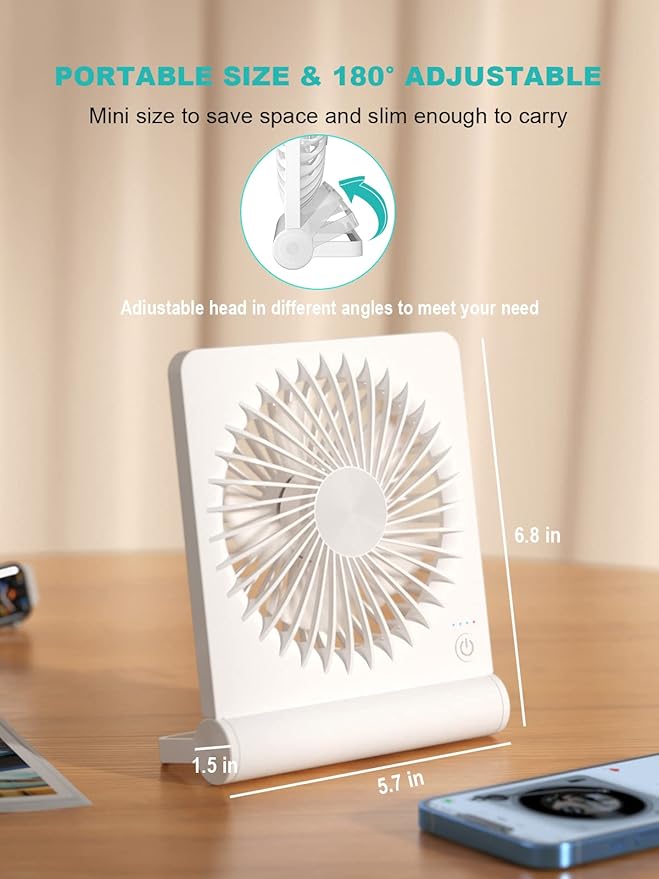 Small Desk Fan,Rechargeable USB Fan Battery Operated,Ultra Quiet, Strong Wind, 3 Speeds Travel Fans