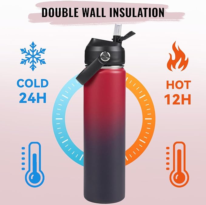 Fijinhom 24oz Insulated Stainless Steel Water Bottle, Wide Mouth Double Wall Vacuum, Silicone Straw, Sweat & Leak Proof, BPA Free Insulated Water Flask for Travel, Keep Cold 24h Hot 12h, Red