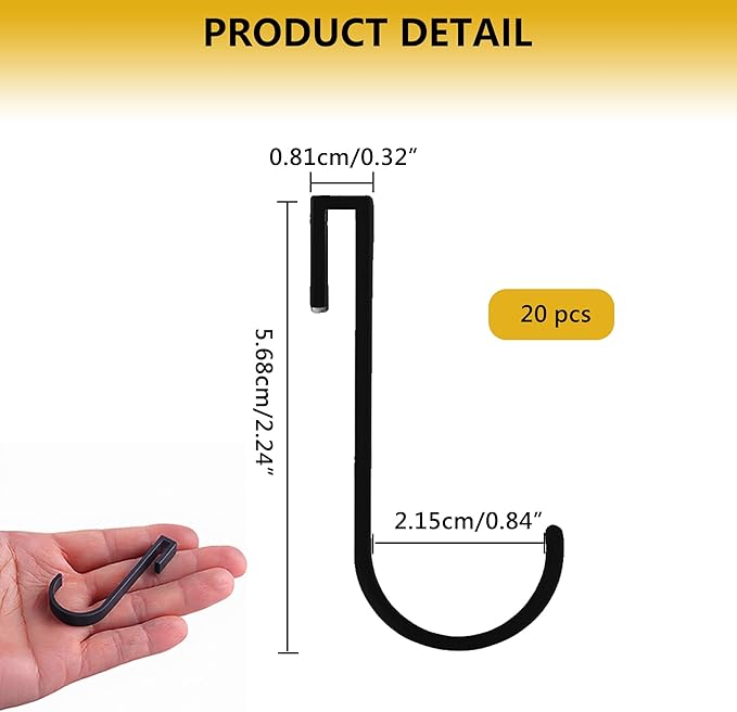 20 PCS Aluminum J Grid Hooks - Multi-Purpose Heavy Duty S Hooks for Wire Shelving & Wall Grids, Perfect for Hanging Kitchenware, Tools, Plants, Photos & Retail Display Black