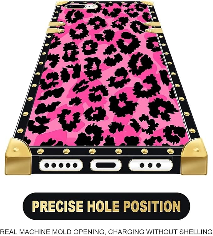 Compatible with iPhone 8 7 SE Case, Pink Black Leopard Luxury Golden Decoration for Girl Women Soft TPU Shockproof Protective Hard PC Back for iPhone 8 7 SE