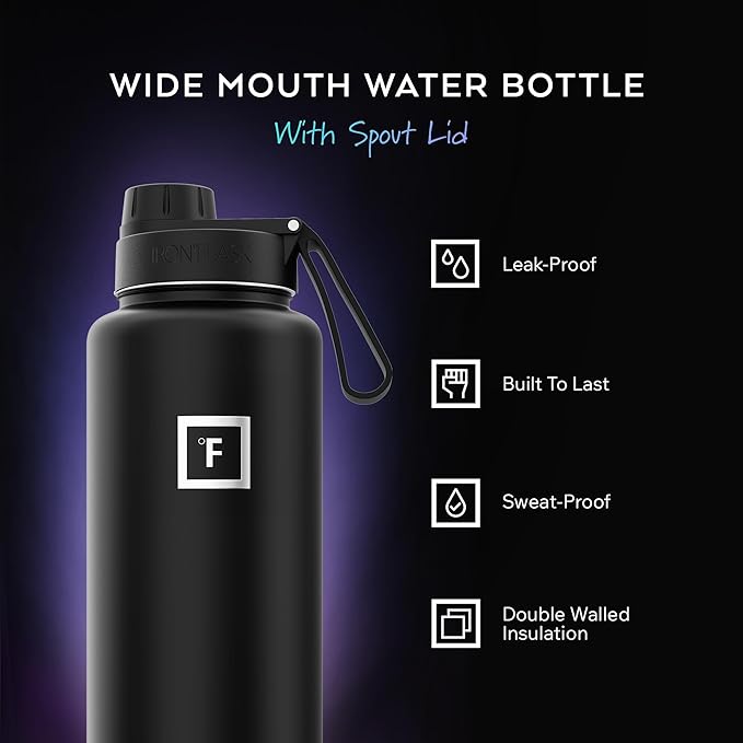 IRON °FLASK Camping & Hiking Hydration Flask with Spout, Wide Mouth Insulated Stainless Steel Sports Water Bottle - Aurora 40 oz - Spout (1 Lid)
