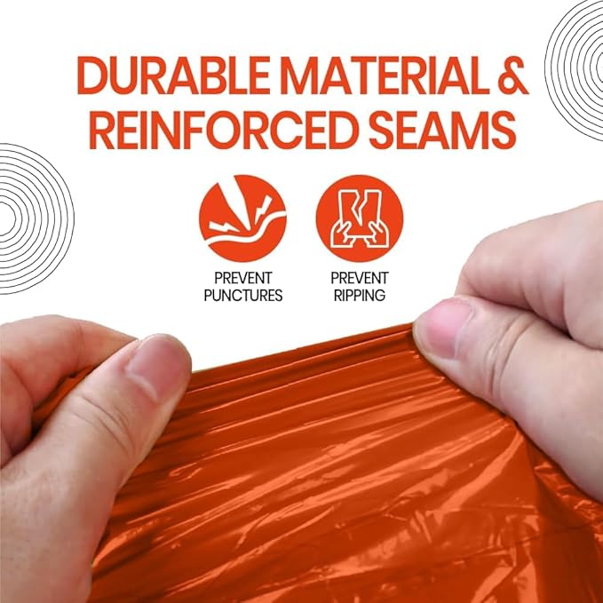 Emergency Survival Poncho (4pc) Thermal Mylar Foil Coating Blanket for Heat Retention and Rain | Reversible with Hood | Waterproof, Windproof, Portable | Orange | 100x130cm